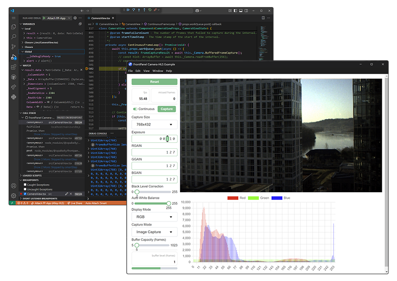 two windows, front: FrontPanel Camera-HLS Example back: VS Code window with code for the Camera